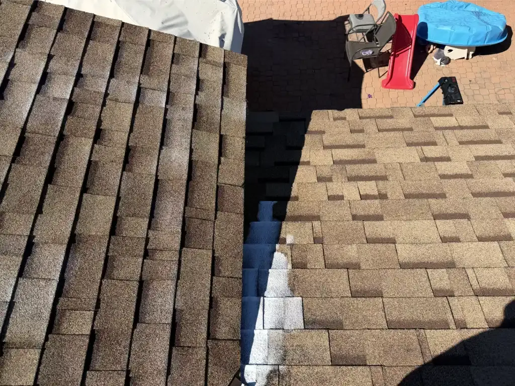 Side-by-side comparison of treated and untreated shingles